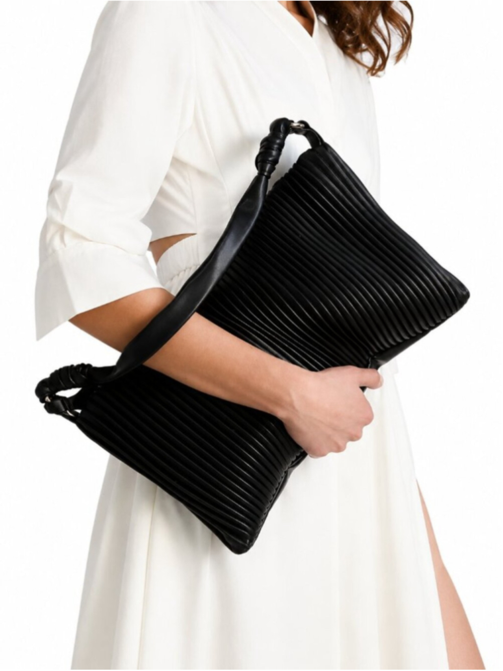 JASON WU Corrie Pleated Shoulder Bag Black Vegan Leather Soft Neutral Designer